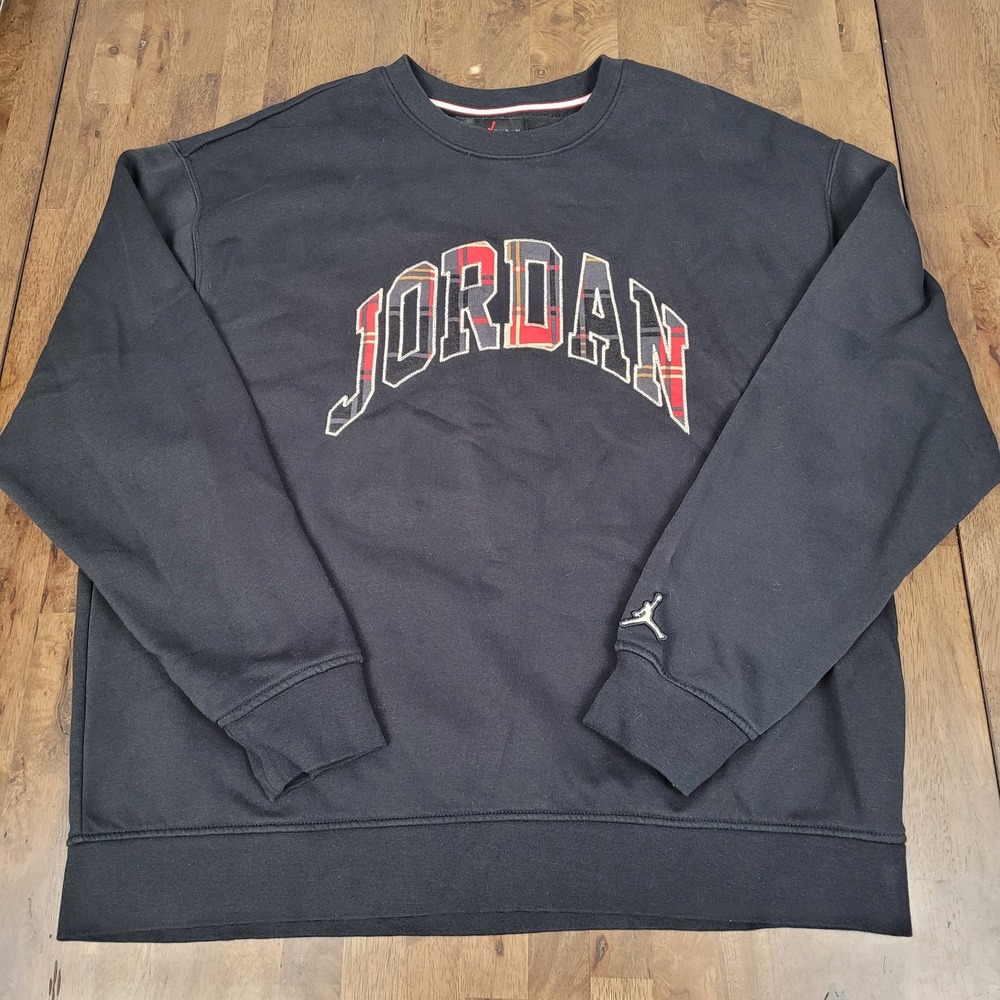 Jordan Mens Essential Holiday Plaid Fleece Crew Sweatshirt Black XL DV1574-010